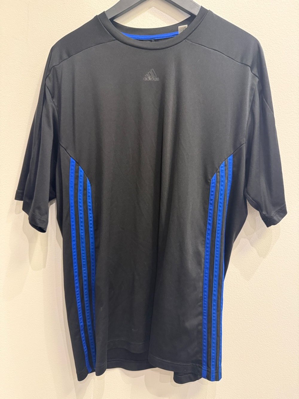 adidas Black Short Sleeve Athletic Tee with Blue Stripes